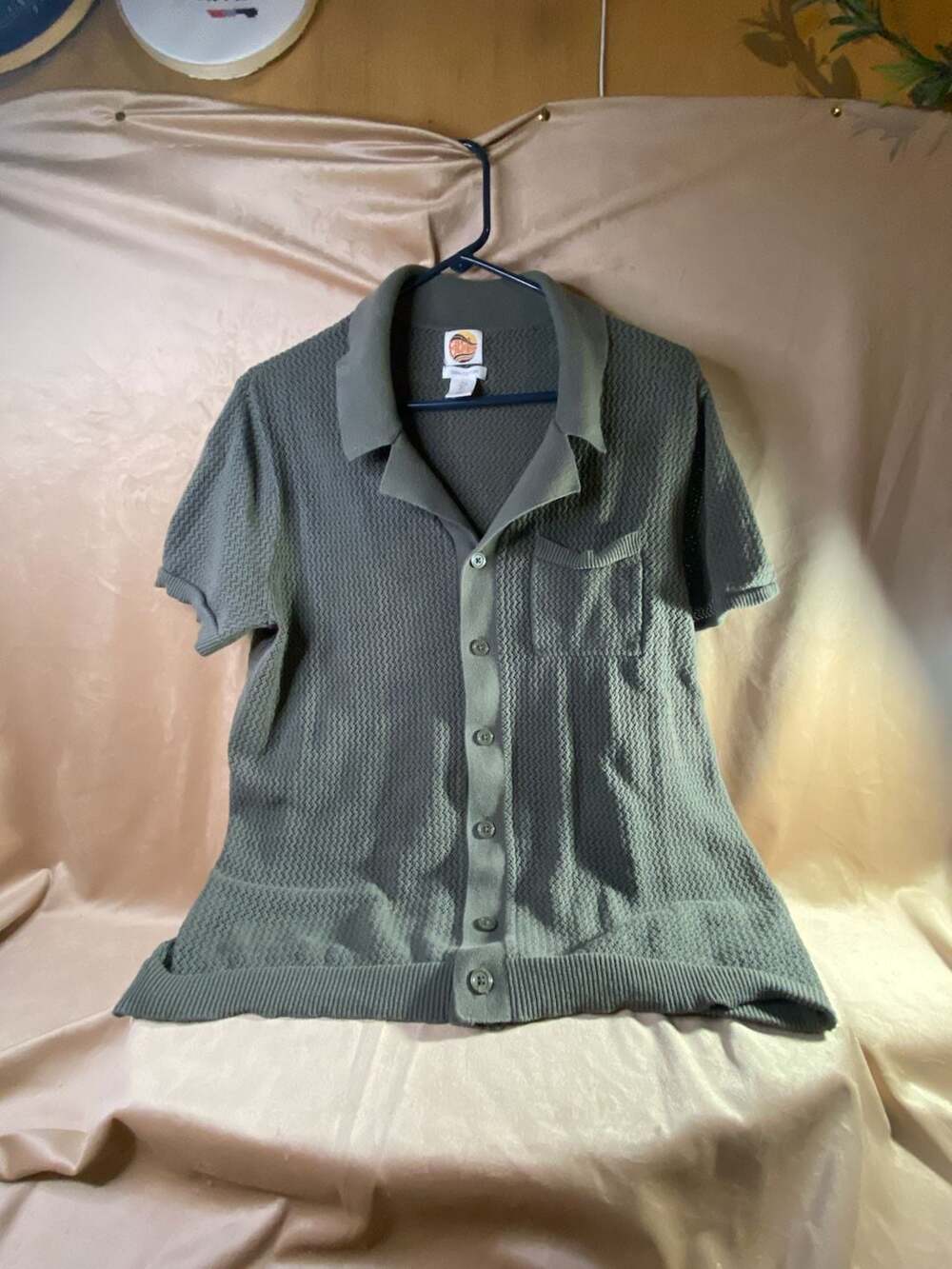 C&C California Men's Olive Green Textured Knit Button-Down Camp Shirt